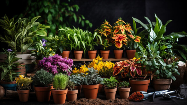 Assorted potted plants and flowers on a dark background with gardening tools.