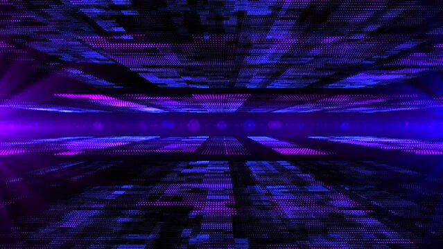 Abstract futuristic background of blue and fucsia particle blocks surrounded by soft light. Technology, innovations, programming and artificial intelligence background. Server room and microscheme. 4k