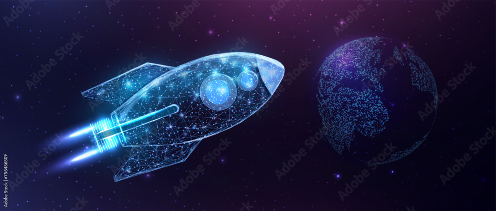 Poster wireframe polygonal rocket with globe map. internet technology network, business startup concept wit