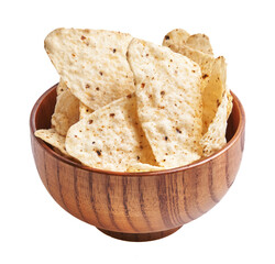 Crisp tortilla chips in a wooden bowl isolated on a white background, perfect for a snack concept.