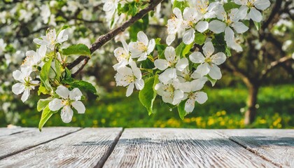 spring background with white blossoms and white wooden table spring apple garden on the background