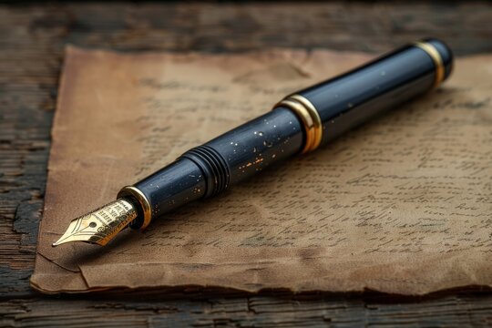 An elegantly composed image of a vintage fountain pen placed on weathered, handwritten paper