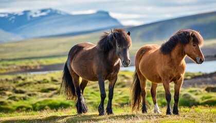 shaggy stocky icelandic horses stand against a background of grassy hills and plains animals mane pony breed north iceland landscape gait wildlife equine bangs sky river - obrazy, fototapety, plakaty