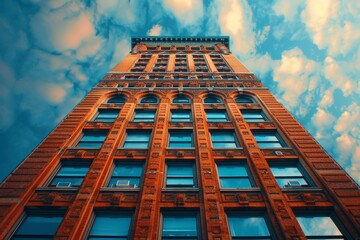 A worm's-eye view captures the imposing grandeur of the iconic Flatiron Building against a blue sky...