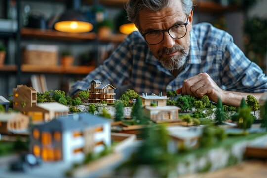 An architect gazes at a meticulously crafted scale model of a residential area, depicting various house designs and landscapes