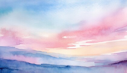 a serene and gentle watercolor background depicting a sky at dawn with subtle gradients of soft blues and pinks vertically oriented - obrazy, fototapety, plakaty