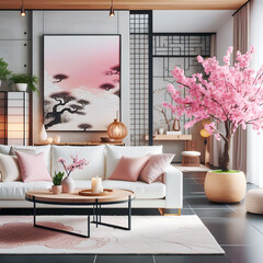 Interior of trendy and elegant modern living room with white sofa coffee table with decoration Wall, Japanese inspiration design with pink tree 3d render - Generative AI