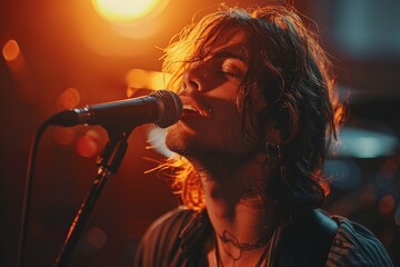 An intense closeup of a male singer performing passionately at a live music event with warm stage lighting