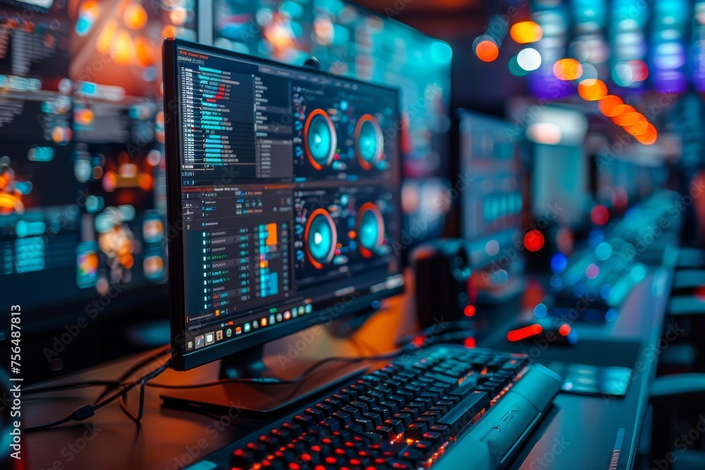 Poster a detailed setup of a modern computer workstation with multiple glowing screens featuring code and d