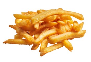 Close-up image of golden french fries isolated on a white background, perfectly fried and salted.