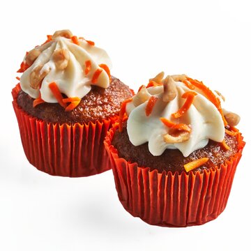 Two frosted carrot cupcakes with walnuts isolated on a white background