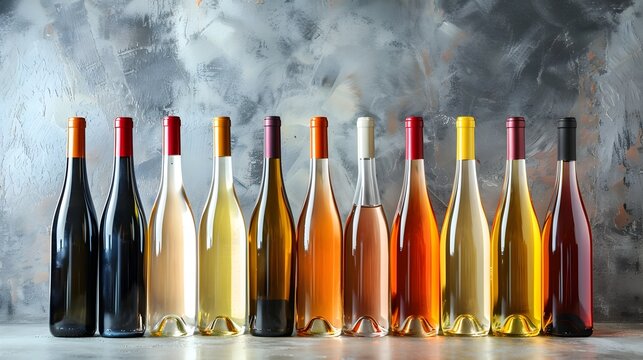 Arrange of wine bottles with various colors against abstract background, ideal for wine tasting or collection themed designs.
