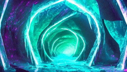 abstract blue neon background with a sci fi thaw frozen in ice fantasy neon light tunnel - obrazy, fototapety, plakaty