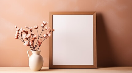 Fototapeta na wymiar Minimalist blank frame and cotton flowers in a vase on a wooden desk against a peach background.