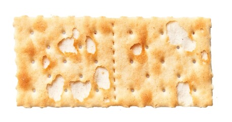 A single, crisp rectangular saltine cracker isolated on a white background, showing detailed texture and golden brown baking spots.