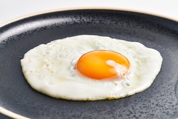 Close-up of a single fried egg with a bright yolk on a dark nonstick pan, depicting breakfast and healthy eating.