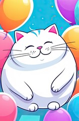 Active fat playful white cat with balloons illustration. Cute pet, playful kitten, adorable cat drawing. Kitty pet.