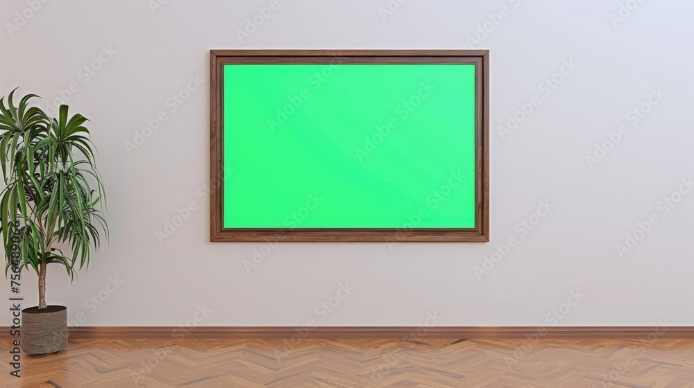 Wall mural Old-fashioned wooden frame with green screen background template. Empty space for photo or art picture. White wall background. Blank place mock up with chroma key. Chromakey mockup. Home interior.