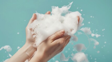 close-up image of hands cleaning white foam against a blue backdrop