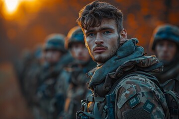 Close up of a soldier with clear eyes, standing with his squad at sunset, evoking feelings of duty and sacrifice - obrazy, fototapety, plakaty