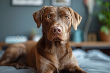 Indoor shot of a brown dog lying with a focused expression on a bed with a modern room background