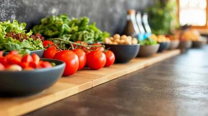 Foto op Canvas Colorful fresh vegetables and salad ingredients displayed on a wooden counter in a modern kitchen. © weerasak