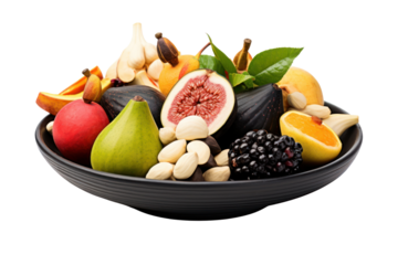 Beautifully arranged fruit bowls It consists of unusually shaped fruits such as cashew nuts, figs and rambutan served in a black ceramic bowl. Isolated on a transparent background.