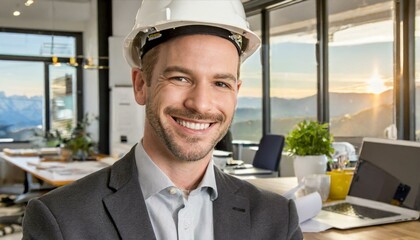 An architect wearing a white helmet and smiling in his office