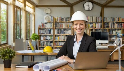 A female architect wearing a white helmet smiling in here office