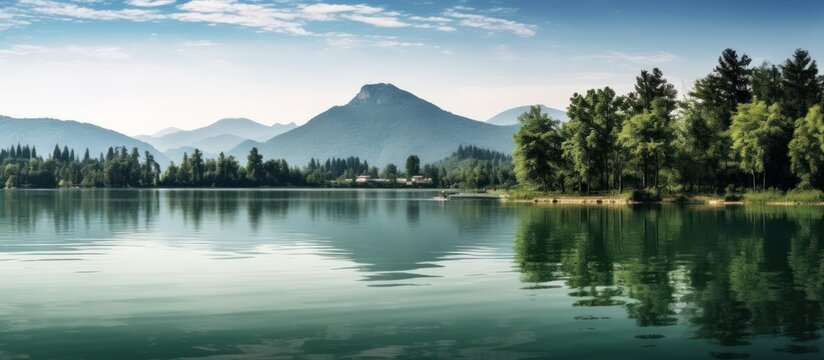 Green morning view on the lake Mountains background