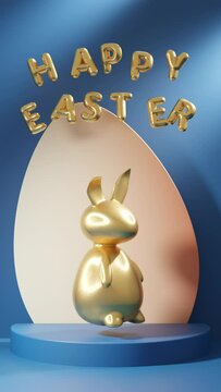 Loop 3d animation for the Easter holiday. A golden statuette of the Easter bunny in the studio above the stage. Easter eggs and text balloons Happy Easter. Helium balloons