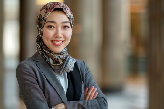 Young asian muslim woman in head scarf smile with arms crossed, copy space - generative ai