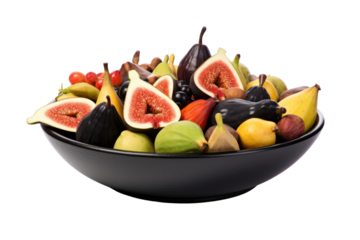 Beautifully arranged fruit bowls It consists of unusually shaped fruits such as cashew nuts, figs and rambutan served in a black ceramic bowl. Isolated on a transparent background.