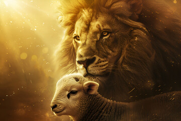 The lion and the lamb depicted against a golden backdrop represent symbols within Judaism