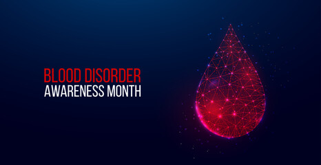 March is Bleeding Disorders Awareness Month concept. Banner with glowing low poly red blood drop on dark blue background. Vector illustration.