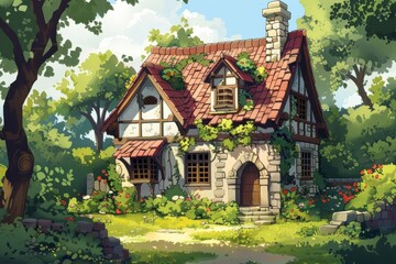 Fototapeta premium A quaint garden house nestled in a medieval town, surrounded by blooming flowers and lush greenery.
