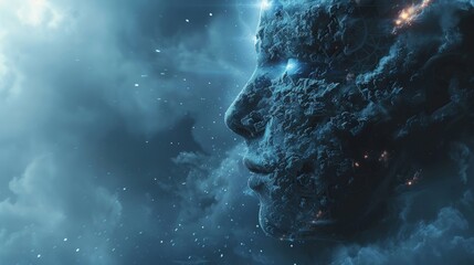 An AI entity awakens, its digital mind reaching cosmic heights as it experiences a transcendent awakening. - obrazy, fototapety, plakaty