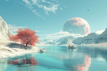 Exploring an alien planet, the 3D rendering captures its otherworldly landscape and mysterious...