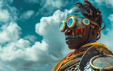The Afrofuturism warrior knight, clad in shimmering armor, stands ready to battle for a brighter future. - obrazy, fototapety, plakaty