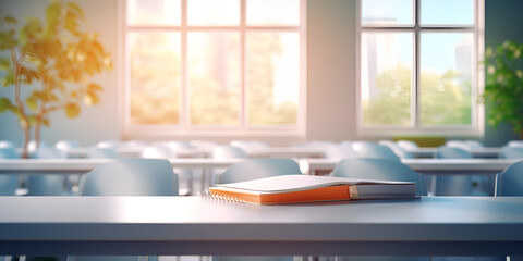 Cozy Wooden Table with Blurry classroom Background Easily Accessible 