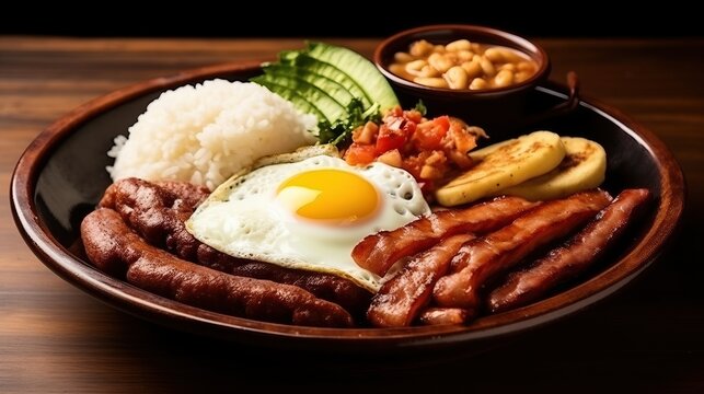 Still life of bandeja paisa, typical Colombian food, from antioquia, with beans, eggs, rice, pork rinds, avocado and chorizo in plate on brown table.


