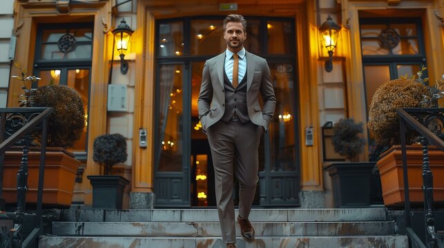 portrait of handsome man wearing suit, businessman, business building entrance in background