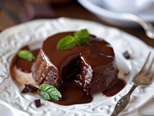 Chocolate fondant with mint on plate, closeup