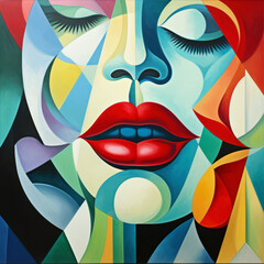 Abstract cubism showing a colorful face and contrasting lips