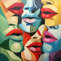 Multicolored lips depicted in an abstract, cubist style painting