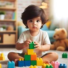 Toddler Engaged in Creative Play With Colorful Building Blocks on a Bright Day