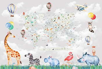 children's picture of animals with a world map and attractions