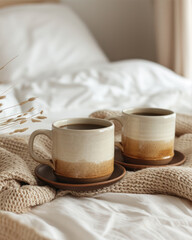 Fototapeta na wymiar Two cups of coffee on the bed. Cozy home interior.