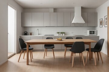 Modern Scandinavian dining room with kitchen zone at the back.