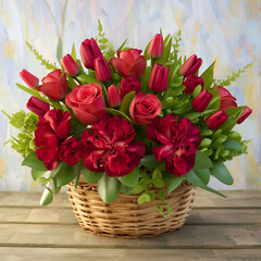 Free photo small basket with stunning a bouquet of red flowers AI generative image.